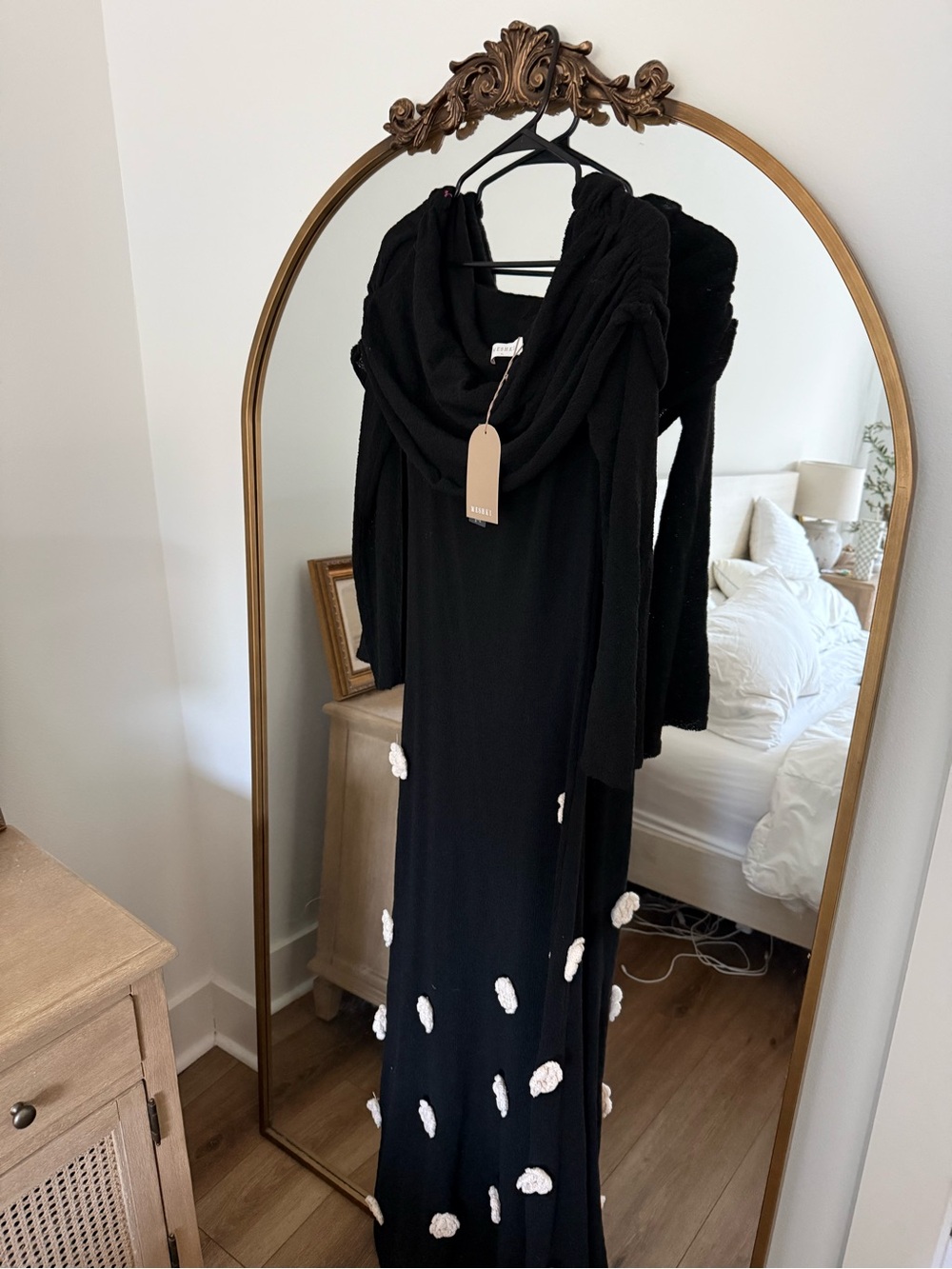 Meshki Black Off Shoulder Draped Neck Maxi Dress with White Floral Accents